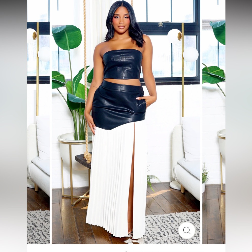 LAURA | FAUX LEATHER PLEATED SLIT SKIRT